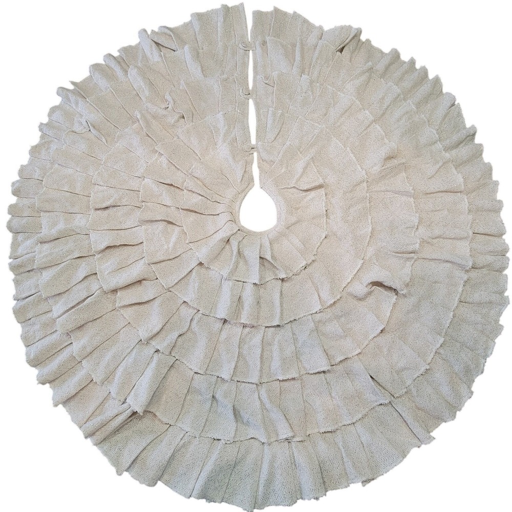 VHC Christmas Tree Skirt Cream Silver Ruffled Burlap Metallic Tiered
